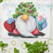 Niedliches Gnome mit Weihnachtsbaumhut und Geschen Geschirrtuch (Gefaltet)