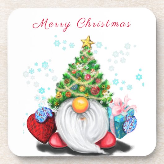 Niedliches Gnome mit Weihnachtsbaumhut und Geschen Getränkeuntersetzer (Vorderseite)