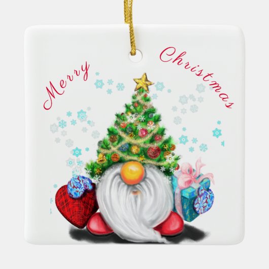 Niedliches Gnome mit Weihnachtsbaumhut und Geschen Keramikornament (Vorderseite)
