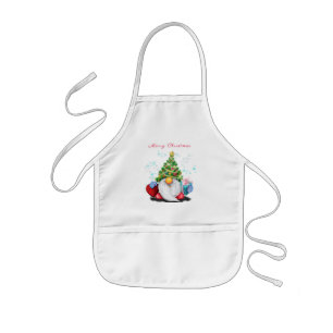 Niedliches Gnome mit Weihnachtsbaumhut und Geschen Kinderschürze