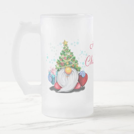 Niedliches Gnome mit Weihnachtsbaumhut und Geschen Mattglas Bierglas (Links)