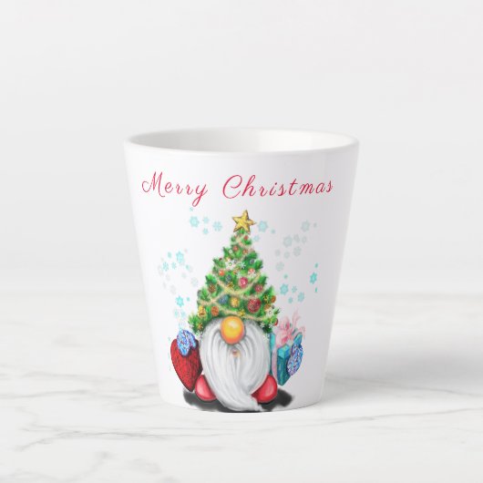 Niedliches Gnome mit Weihnachtsbaumhut und Geschen Milchtasse (Vorderseite)