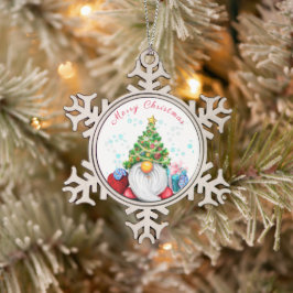 Niedliches Gnome mit Weihnachtsbaumhut und Geschen Schneeflocken Zinn-Ornament