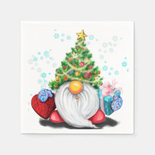 Niedliches Gnome mit Weihnachtsbaumhut und Geschen Serviette
