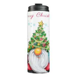 Niedliches Gnome mit Weihnachtsbaumhut und Geschen Thermosbecher