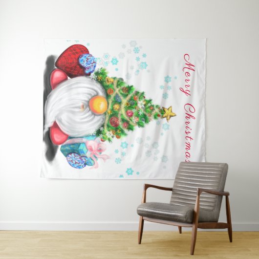 Niedliches Gnome mit Weihnachtsbaumhut und Geschen Wandteppich (Beispiel (Horizontal))
