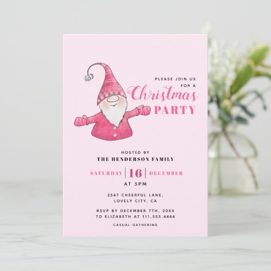 Niedliches Gnome Pink Weihnachtsfest Party Einladung (Stehend Vorderseite)