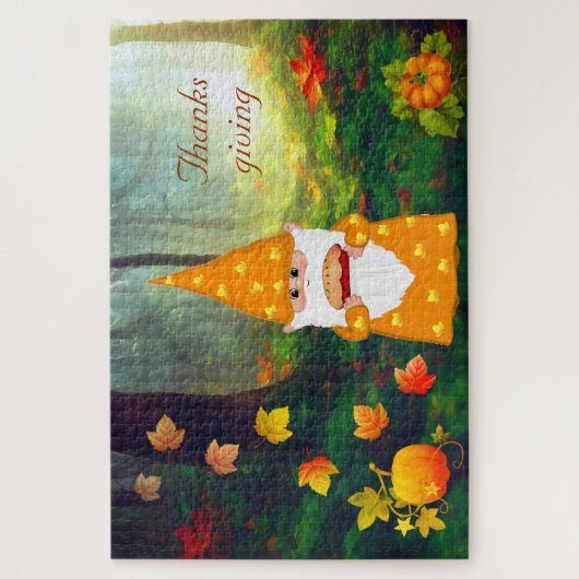 Niedliches Gnome, Pumpkins und Herbstlaub Erntedan Puzzle (Vertikal)