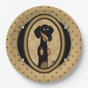 Niedliches Gold Frame Dackel Portrait (schwarz & t Pappteller