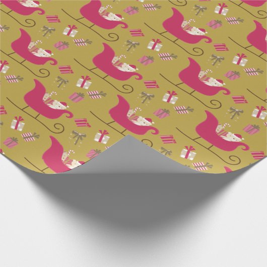 Niedliches Gold & Red Santa Sleida Kinder Weihnach Geschenkpapier (Ecke)