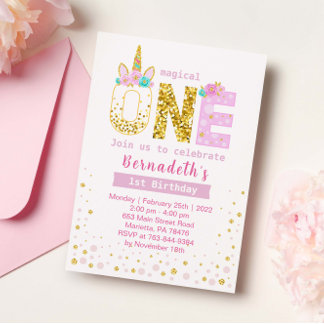 Niedliches Gold und Rosa Confetti Einhorn 1. Gebur Einladung