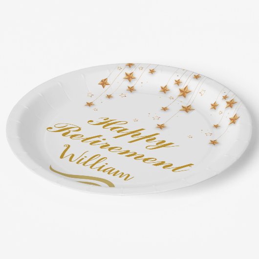 Niedliches Gold & White Script Happy Retirement Pappteller (Schrägansicht)