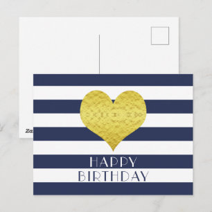Niedliches Goldenes Herz Blau und Weiß Happy Gebur Postkarte