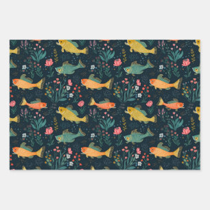 Niedliches Goldfish Koi Aquatic Pflanze Muster Geschenkpapier Set