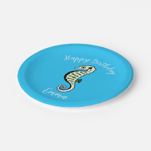 Niedliches grafisches SEEPFERD - Happy Birthday - Pappteller (Schrägansicht)