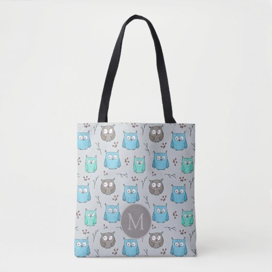 Niedliches graues Owl-Muster Monogramm Tasche (Vorderseite)