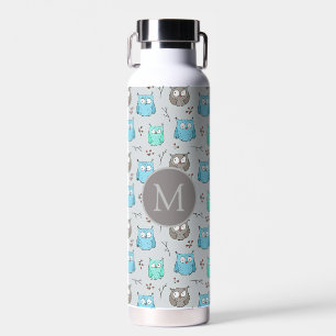 Niedliches graues Owl-Muster Monogramm Trinkflasche