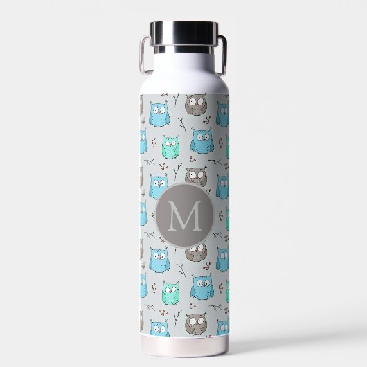 Niedliches graues Owl-Muster Monogramm Trinkflasche (Vorne)