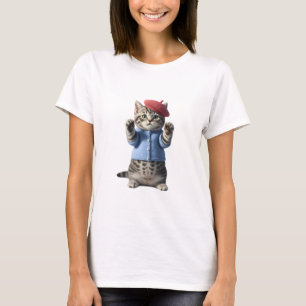 Niedliches graues Tabby-Kätzchen in blauem Strickj T-Shirt