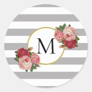 Niedliches grauweißes Retro-Blume Monogramm Runder Aufkleber