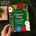 Niedliches Green Christmas Party Santa & Snowman Einladung<br><div class="desc">Mit dieser niedlichen,  grünen Urlaubseinladung laden Sie die Gäste zu Ihrem Weihnachtsfest ein. Der Weihnachtsmann,  Schneemann,  Geschenke,  Süßspeisen,  Weihnachtsbäume,  Ornamente,  ein schneebedeckter Rahmen und ein niedliches Party auf der Rückseite.</div>