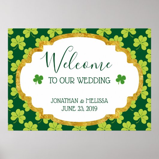 Niedliches Green Clover Muster Hochzeitsempfang Poster (Vorne)