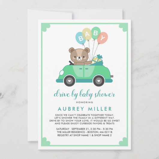 Niedliches Green Teddy Bear Drive mit Babydusche Einladung (Vorderseite)