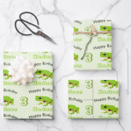Niedliches Green Tree Frog Muster Name Age Birthda Geschenkpapier Set