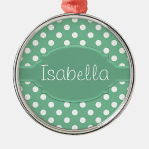 Niedliches Green und White Polka Dot Pattern & Nam Ornament Aus Metall
