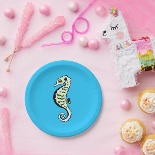 Niedliches grün-gelbes SEEPFERD - blaues Party im  Pappteller (Party)