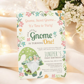 Niedliches Grünes Blumenwald Gnome 1. Geburtstag Einladung