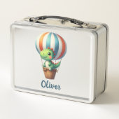 Niedliches grünes Dino fliegt in einem Heißluftbal Metall Brotdose (Rückseite)