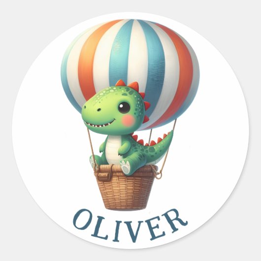 Niedliches grünes Dino fliegt in einem Heißluftbal Runder Aufkleber (Vorderseite)