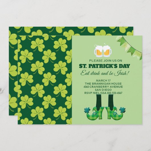 Niedliches grünes Kleeblatt Muster St. Patrick's D Einladung (Vorne/Hinten)
