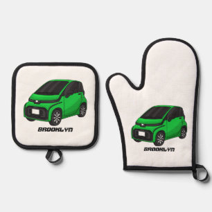 Niedliches grünes Kleinwagen Ofenhandschuh & Topflappen-Set