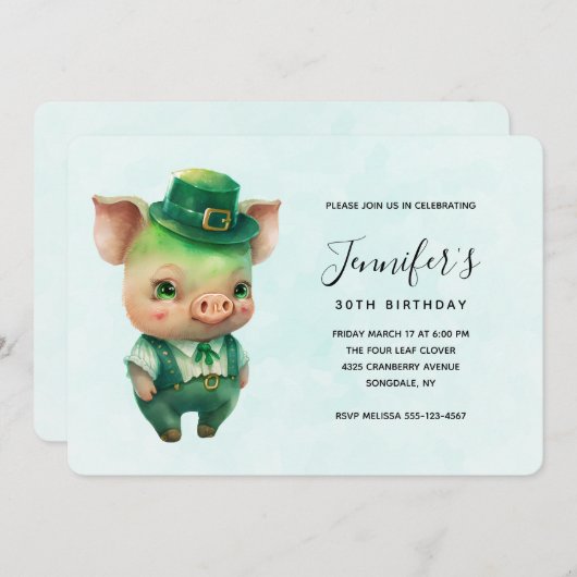 Niedliches Grünes Märchen Schwein in Extravaganter Einladung (Vorne/Hinten)