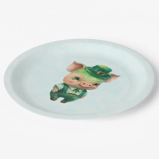 Niedliches grünes St. Patrick's Day Pig Pappteller (Schrägansicht)