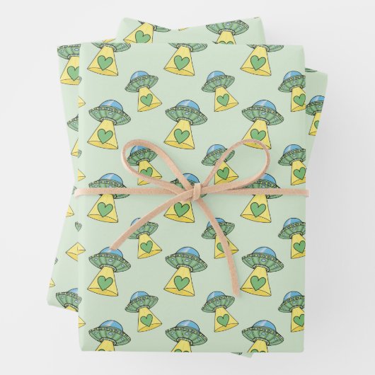 Niedliches grünes UFO-Muster Geschenkpapier Set (Beispiel)