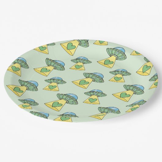 Niedliches grünes UFO-Muster Pappteller (Schrägansicht)