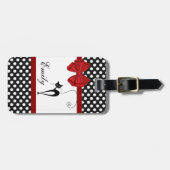 Niedliches, gürteliges, schwarzes Katzenpolka-Dots Gepäckanhänger (Vorderseite horizontal)