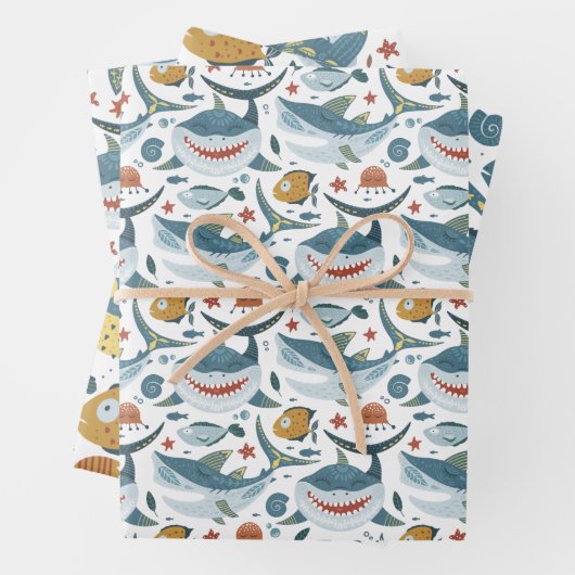 Niedliches Hai- und Fischmuster Geschenkpapier Set (Beispiel)