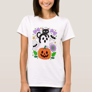 Niedliches Halloween Black Cat Ghost und Kürbiskun T-Shirt
