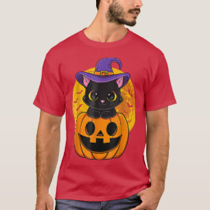 Niedliches Halloween Black Cat Hexenhut Pumpkin fü T-Shirt