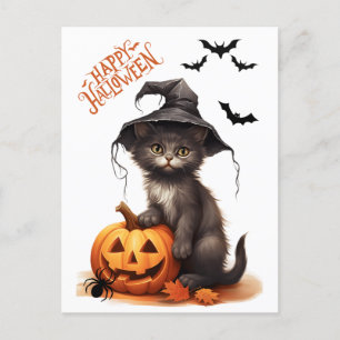 Niedliches Halloween Black Cat, Pumpkin and Spider Postkarte