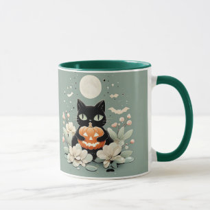 Niedliches Halloween Black Cat, Vollmond und Kürbi Tasse