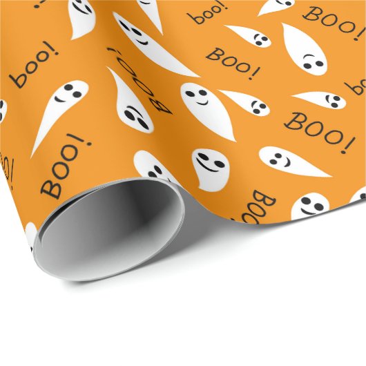 Niedliches Halloween Boo Ghost Orange Wrapping Pap Geschenkpapier (Rolleneckpunkt)