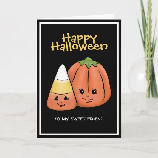 Niedliches Halloween-Candy Corn & Pumpkin Karte (Vorderseite)