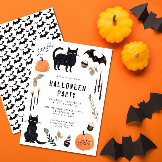 Niedliches Halloween Cat Bat Pumpkin-Party Einladung