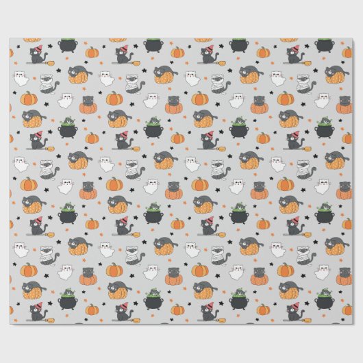 Niedliches Halloween-Cats- und Geistermuster Geschenkpapier (Flach)