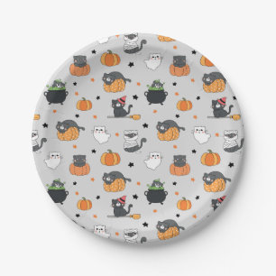 Niedliches Halloween-Cats- und Geistermuster Pappteller